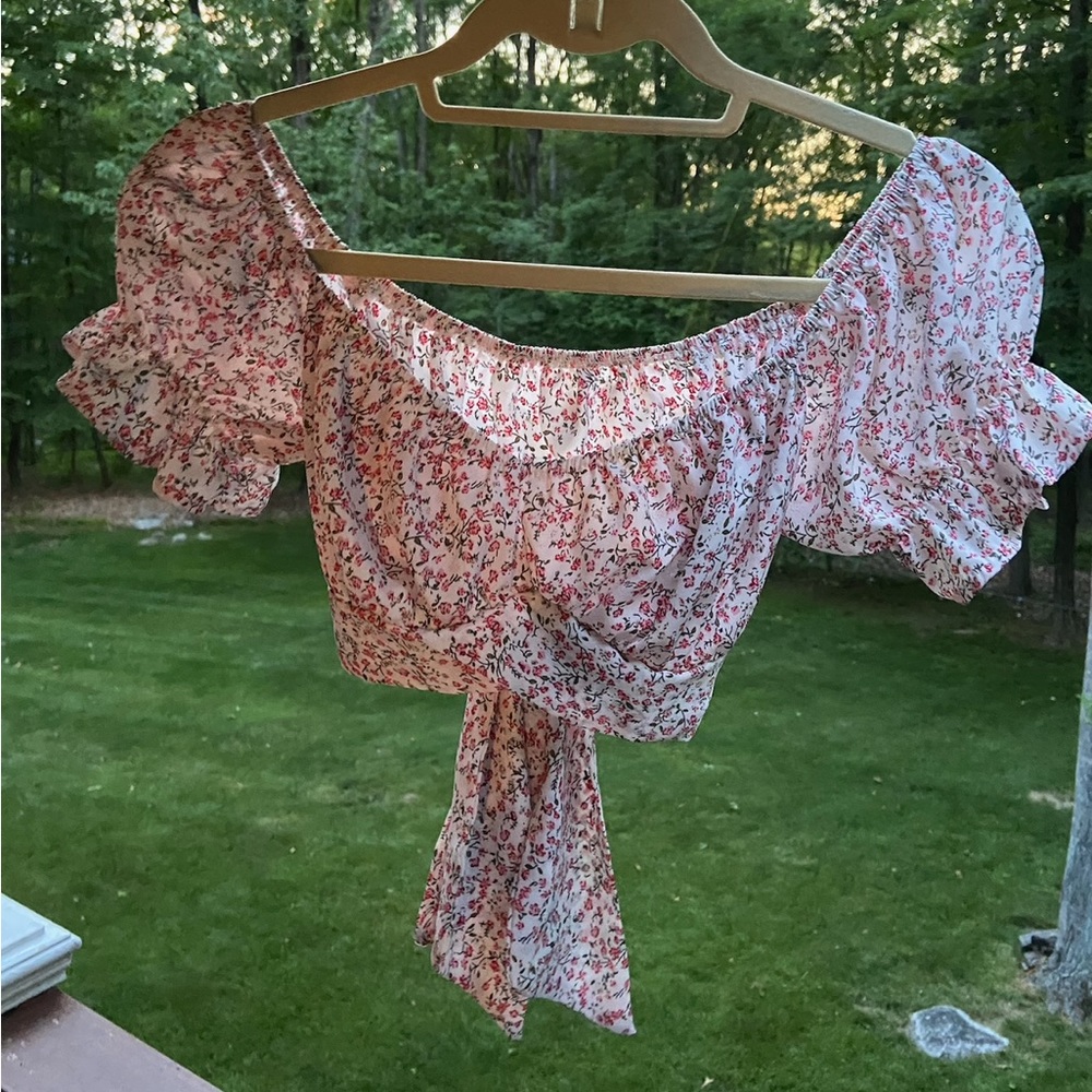 Red and White Floral Crop Top with Tie